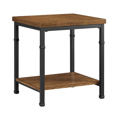 Wooden End Table with Open Bottom Shelf and Metal Legs, Brown and Black