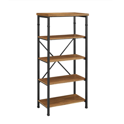 Wooden Bookcase with Four Shelves and Metal Legs, Brown and Black