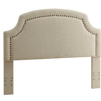 Wood and Fabric Full Queen Size Headboard with Scalloped Edges, Beige