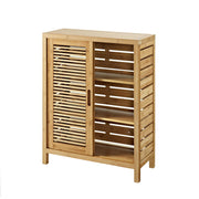 Slated Bamboo Floor Cabinet with 2 Sliding Doors and 3 Shelves, Brown