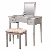 Wooden Vanity with Flip Top Mirror and Cushioned Stool, Gray and Beige