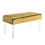 Upholstered Bench with Sequin Accents and Acrylic Legs, Gold and Clear