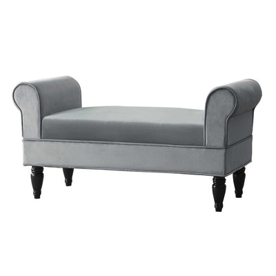 Velvet Upholstered Wooden Bench with Rolled Armrest, Black and Gray