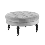 Velvet Upholstered Round Tufted Ottoman with Casters, Gray and Black