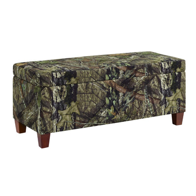 Fabric Upholstered Wooden Bench with Camouflage Print, Green and Brown