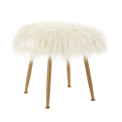 Faux Fur Upholstered Metal Stool with Angled Legs, Gold and Cream