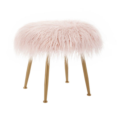 Faux Fur Upholstered Metal Stool with Angled Legs, Gold and Pink