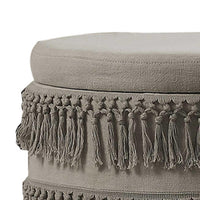 Fabric Upholstered Wooden Ottoman with Fringe Details, Beige