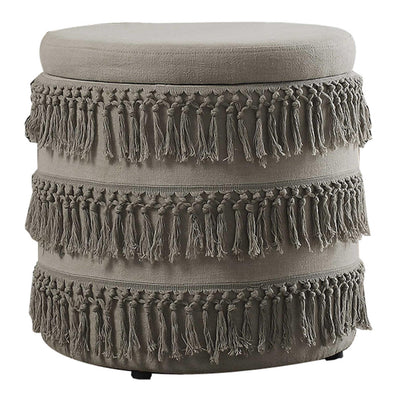 Fabric Upholstered Wooden Ottoman with Fringe Details, Beige