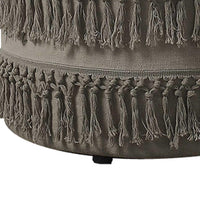 Fabric Upholstered Wooden Ottoman with Fringe Details, Beige