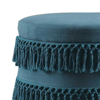 Fabric Upholstered Wooden Ottoman with Fringe Details, Blue