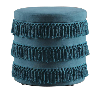 Fabric Upholstered Wooden Ottoman with Fringe Details, Blue