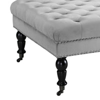 Velvet Upholstered Square Tufted Ottoman with Casters, Gray and Black