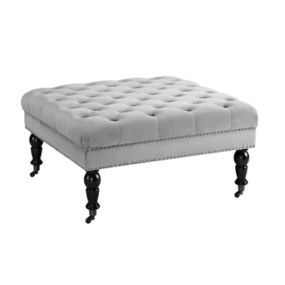 Velvet Upholstered Square Tufted Ottoman with Casters, Gray and Black