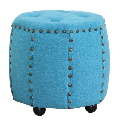 Tufted Fabric and Wooden Ottoman with Nailhead Rim and Sides, Blue