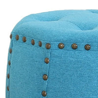 Tufted Fabric and Wooden Ottoman with Nailhead Rim and Sides, Blue