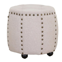 Tufted Fabric and Wooden Ottoman with Nailhead Rim and Sides, Beige