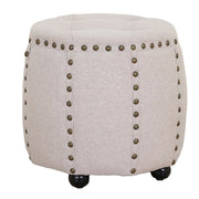 Tufted Fabric and Wooden Ottoman with Nailhead Rim and Sides, Beige