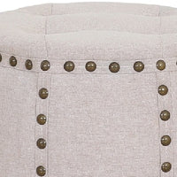 Tufted Fabric and Wooden Ottoman with Nailhead Rim and Sides, Beige