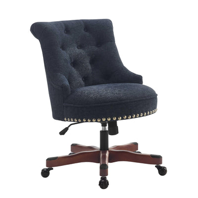 Wooden Office Chair with Button Tufted Backrest, Navy Blue and Brown