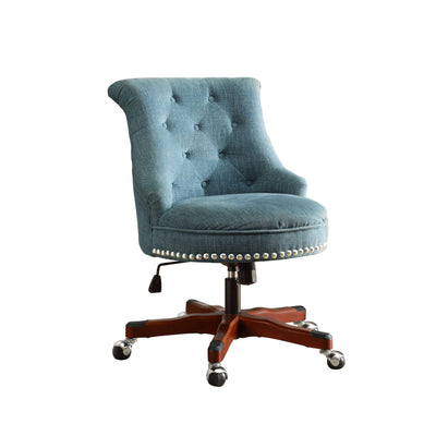 Wooden Swivel Office Chair with Button Tufted Backrest, Blue and Brown