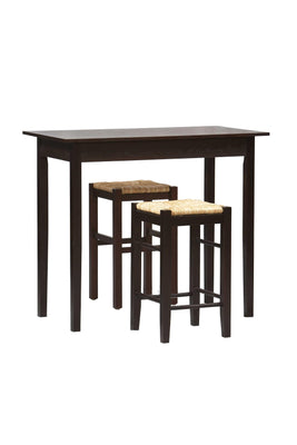 3 Piece Wooden Counter Set with Seagrass Seat Stools, Brown and Beige