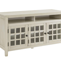 Three Door Wooden Media Cabinet with Two Open Shelves, White