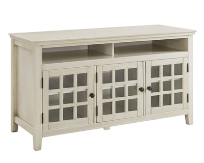 Three Door Wooden Media Cabinet with Two Open Shelves, White