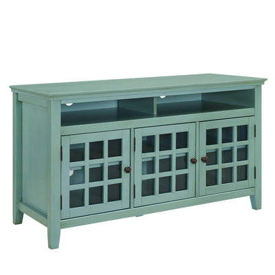 Three Door Wooden Media Cabinet with Two Open Shelves, Blue