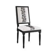 Wooden Chair with Floral Motif Upholstery, Set of 2, Black and White