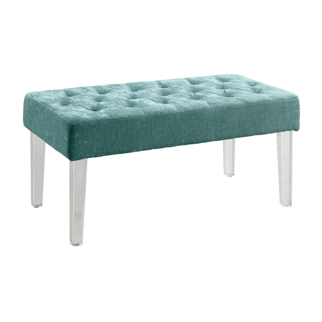 Tufted Fabric Upholstered Bench with Acrylic Legs, Green and Clear