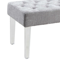 Tufted Fabric Upholstered Bench with Acrylic Legs, Gray and Clear