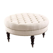 Fabric Upholstered Round Tufted Ottoman with Wood Legs,White and Black