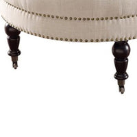 Fabric Upholstered Round Tufted Ottoman with Wood Legs,White and Black