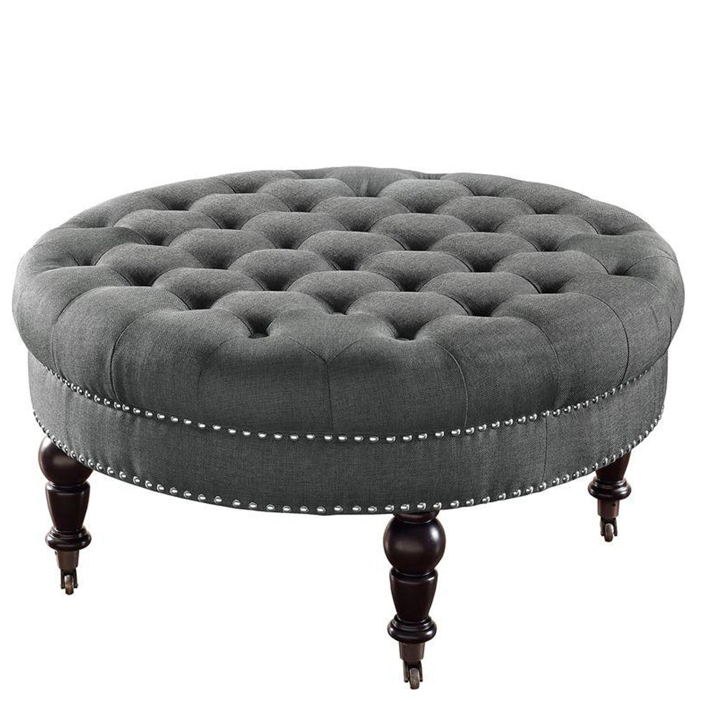 Fabric Upholstered Round Tufted Ottoman with Wood Legs, Gray and Black