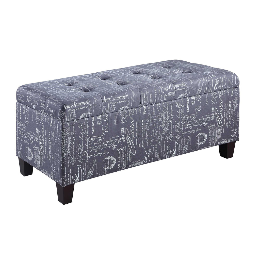 Wooden Shoe Storage Ottoman with Scripted Fabric Upholstery, Gray