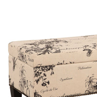 Fabric Upholstered Wooden Ottoman with Botanical Print,Beige and Black