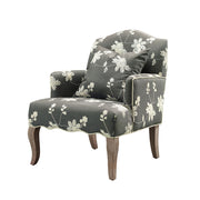 Fabric Upholstered Wooden Chair with Floral Embroidery, Gray and Brown