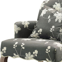 Fabric Upholstered Wooden Chair with Floral Embroidery, Gray and Brown