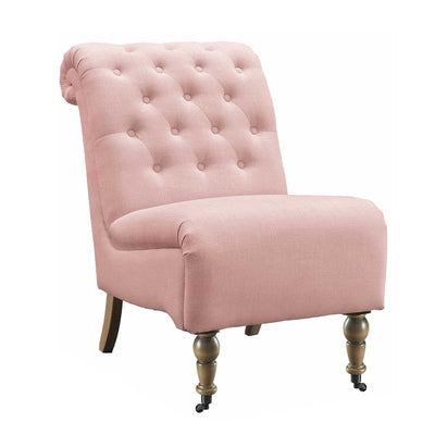 Fabric Upholstered Wooden Armless Chair with Roll Back, Pink and Brown