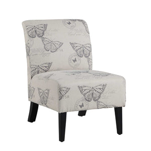 Wooden Slipper Chair with Butterfly Print Upholstery, Black and Gray