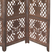 4 Panel Wooden Screen with Cutout Trellis Pattern and Flower Pot Carvings, Brown