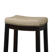 Fabric Upholstered Counter Stool with Nail head Trim, Brown and Beige