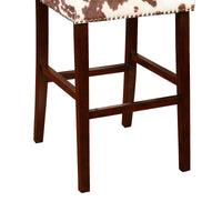Wooden Bar Stool with Cow Print Upholstery, Brown and White