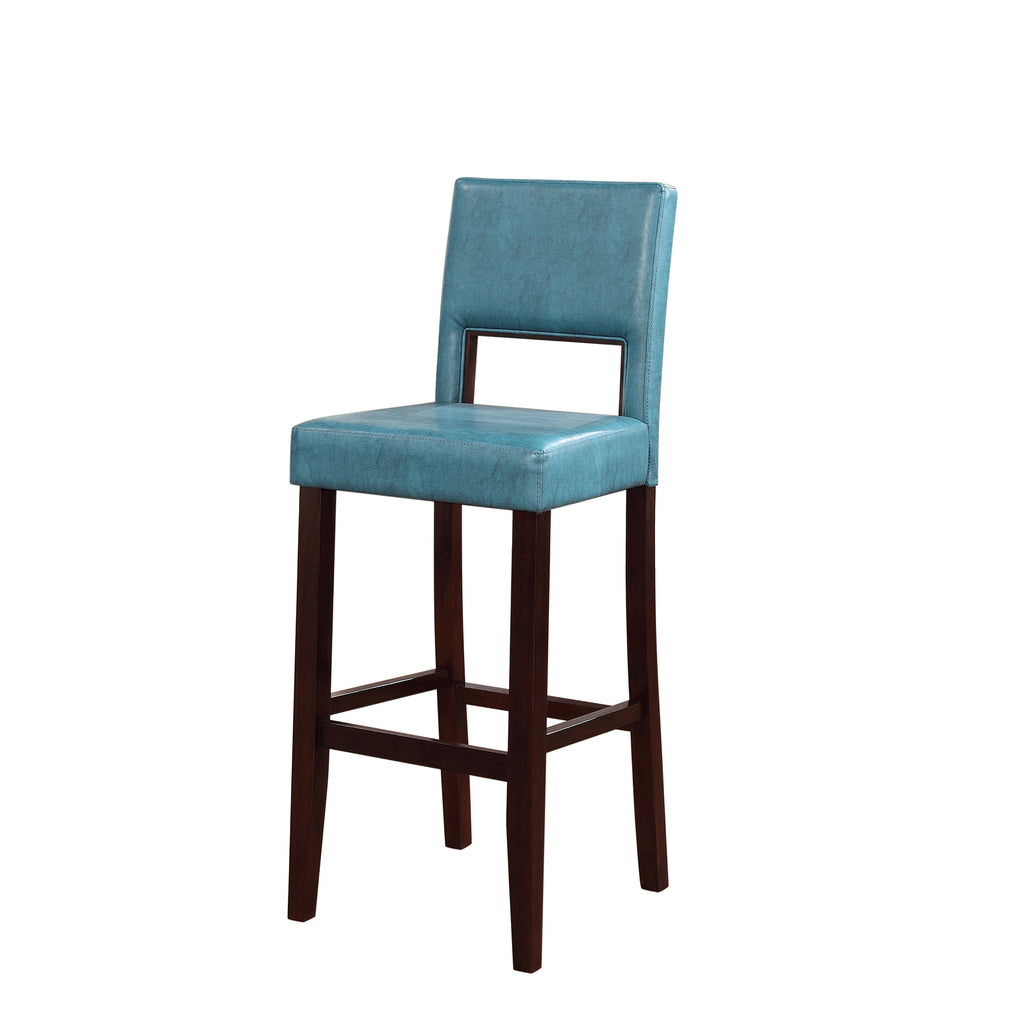 Wooden Bar Stool with Padded Seat and Open Backrest, Blue and Brown