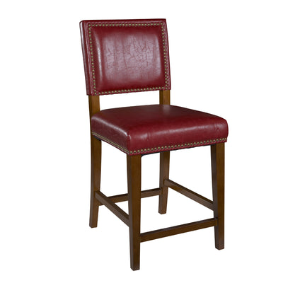 Wooden and Leatherette Bar Stool with Nailhead Trim, Red and Brown