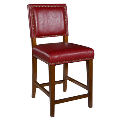 Wooden Counter Stool with Nailhead Trim Accents, Red and Brown