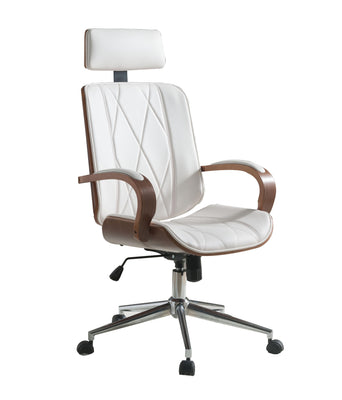 Faux Leather Office Chair Adjustable Height Swivel, White PU & Walnut brown