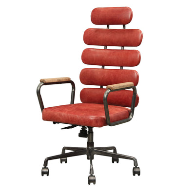 Leatherette Metal Swivel Executive Chair with Five Horizontal Panels Backrest, Red and Gray