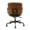 Tufted Leatherette Metal Swivel Executive Chair with Curved Wooden Armrest, Brown and Black